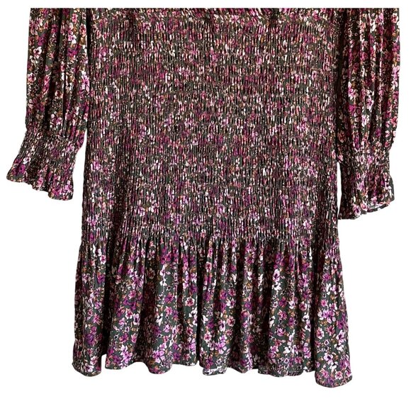 Lucky Paris Floral Smocked Waist Dress L Purple Green Cottagecore Chic - Picture 3 of 7